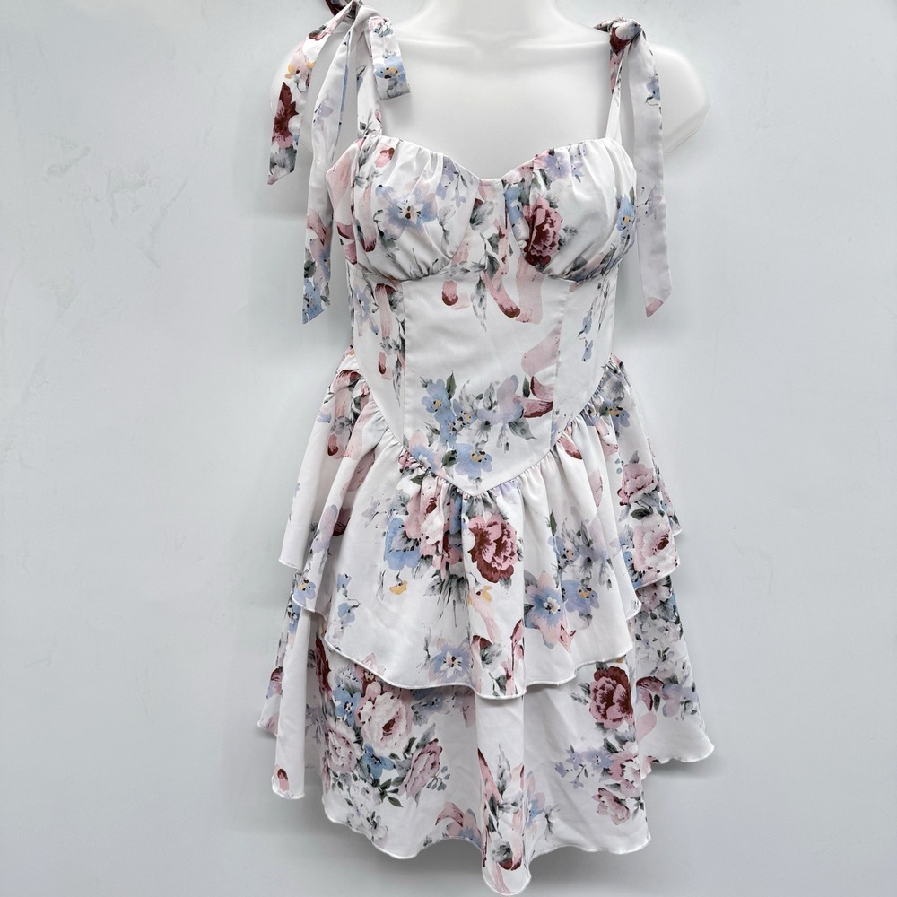 Cider Romantic Floral Corset Tiered Dress Sz XXS Blue Coquette Babydoll Milkmaid